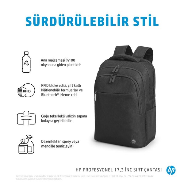 HP Profesyonel 17.3 inç Bilgisayar Sırt Çantası Siyah 500S6AA